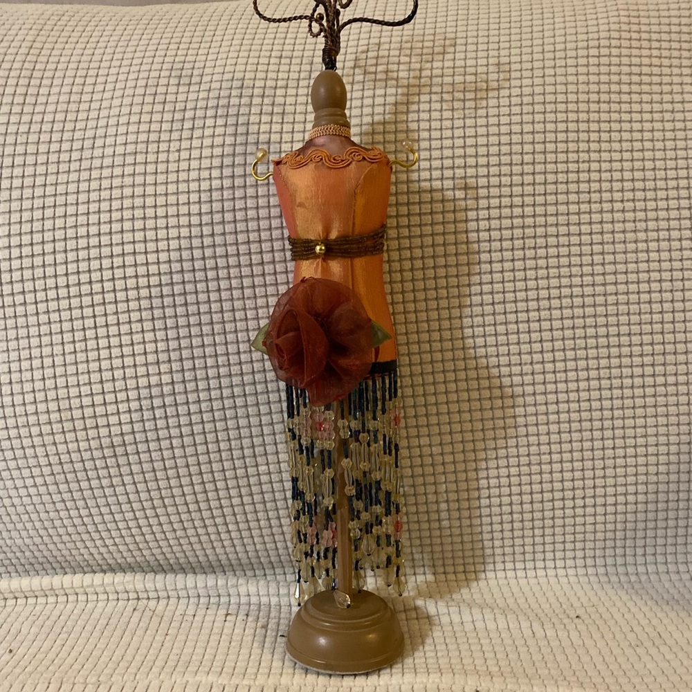 Vintage Decorative Dress Form Jewelry display with Orange and Brown Accents